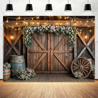10x10ft Country Wedding Photography Backdrop Rustic Barn Door Photography Backdrop Farmhouse Pink Flower Cabin Wooden Birthday Baby Shower Wedding Bridal Party Banner Photo Booth Props Background - color: Multi1, size: 10X10FT