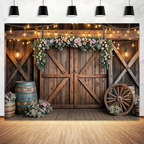 5x3ft Country Wedding Photography Backdrop Rustic Barn Door Photography Backdrop Farmhouse Pink Flower Cabin Wooden Birthday Baby Shower Wedding Bridal Party Banner Photo Booth Props Background - color: Multi1, size: 5X3FT