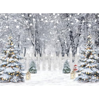 8x10ft Christmas Backdrop Winter Snow Forest White Fence Background Christmas Trees String Lights Lantern Snowman Photography Backdrop Holiday Party Banner Home Decor 115 - size: 10 x 8ft