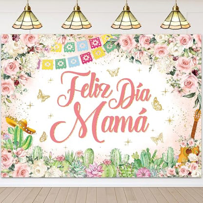 Feliz Dia Mama Banner Backdrop 8x6FT Mexican Happy Mother's Day Photography Background Pink Flowers Cactus Best Mom Ever Party Decorations Supplies Photo Props - size: 8x6FT