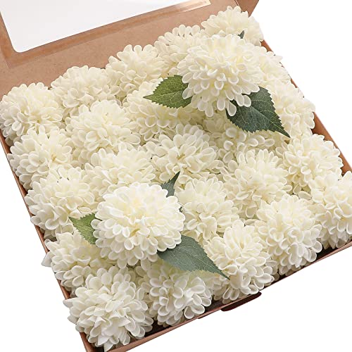 Floroom Artificial Dahlia Flowers 25pcs Real Looking Ivory Foam Fake Roses with Stems for DIY Wedding Bouquets White Bridal Shower Centerpieces Floral Arrangements Party Tables Home Decoration - color: Ivory