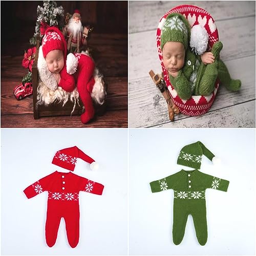 Christmas Newborn Baby Photo Shoot Props Outfits Crochet Clothes Santa Claus Red Hat Pants Photography Props - color: Green B