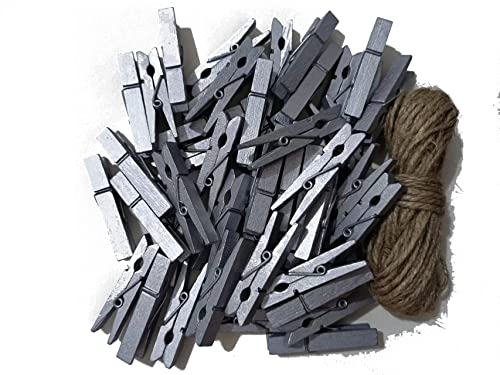 1.8 Inch Silver Wooden Clothespins Hold Picture Photo Clothesline Pins Hanging Christmas Cards with Jute Twine Pack 50 - color: 50pcs (2 Inch) Silver + Jute Twine