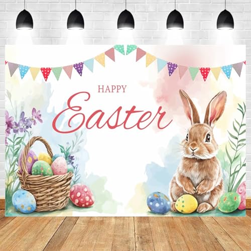 5x3ft Happy Easter Backdrop with Bunny and Colorful Eggs Spring Decorations Festive Bunting and Floral Easter Celebration Banner for Photoshoot Kids Parties and Home Decor - color: color 19, size: 5x3ft