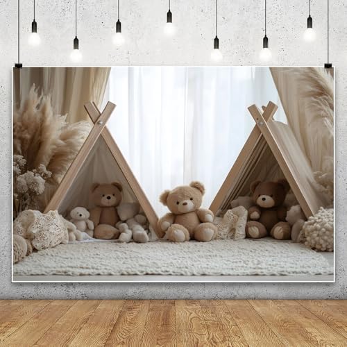 YongFoto Bear Theme Backdrop 6x4ft Tent Blanket Pampas Boho Photography Background Baby Shower Cradle Ceremony Kid Birthday Party Banner Baby Portraits Photoshoot Wallpaper Photo Studio Booth Prop - color: Style 2, size: 6ftx4ft