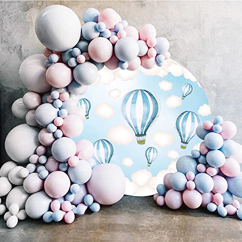 Blue Hot Air Balloon Round Backdrop Cover 7.2x7.2ft Polyester Fantasy Cartoon Fairy Tale World Blue Sky White Clouds Sky Adventure Photo Background Kids Boys Baby Shower Birthday Party Props - color: Blue01, size: 7.2x7.2ft-Diameter