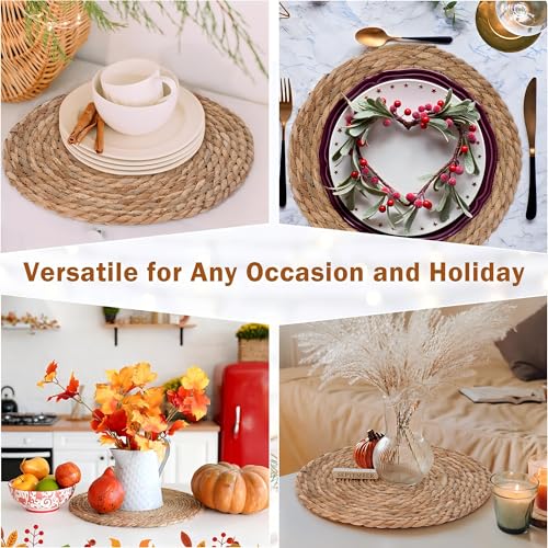 GENMOUS 10 Pack Woven Placemats, 12" Round Placemats Natural Water Hyacinth Boho Placemats,Farmhouse Rattan Chargers for Dinner Plates,Rustic Braided Wicker Table Mats for Dining Table,Home,Wedding - size: 12inch, Set of 10