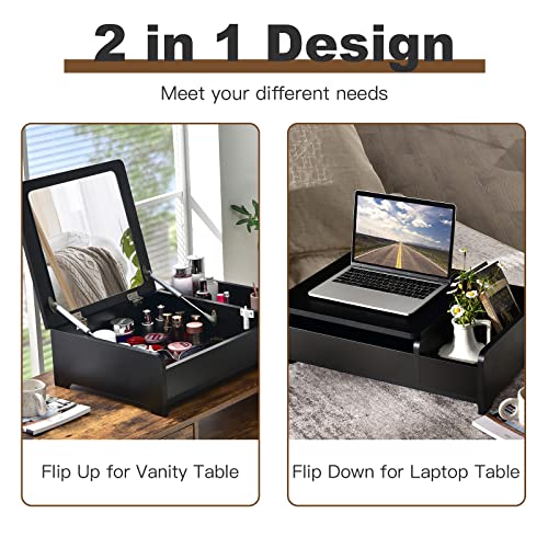 CHARMAID Countertop Vanity with Flip Top Mirror, 24inch Tabletop Laptop Desk with 2 Compartments Organizer, Modern Bedroom Makeup Dressing Vanity Mirror Cosmetic Storage Box Desktop (Black)