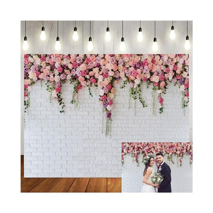 10x10ft White Brick Wall Flowers Background Spring Theme Photography Backdrop for Mother's Day Valentine Wedding Bridal Baby Shower Birthday Party Decor Banner Portrait Photo Booth Prop 134 - size: 10x10ft