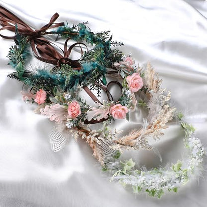 Black Flower Crown Headband - Elf Floral Headpiece Flower Girl Hair Accessory Pregnant Women Birthday Wedding Party Photo Props - color: Feather-Black