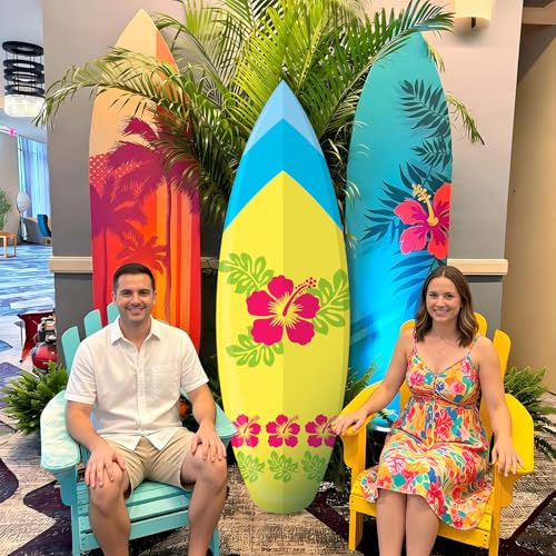 Yalikop 6 Ft Surfboard Cardboard Cutout Stand Up Photo Prop - Hawaiian Tropical Party Decorations Standee Surfboard Foam Board for Garden Yard Sign Decor Summer Beach Luau Photography Background - style: Tropical Flower