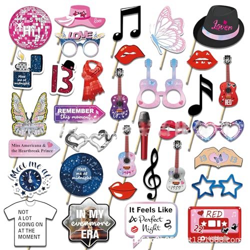 34Pcs Music Party Photo Booth Props Pop Singer Guitar Disco Party Decorations Retro Selfie Props for 60s 70s 80s 90s Music Birthday Baby Shower Party Supplies Backdrop