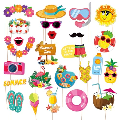 OURUOLA Summer-Hawaiian Luau Beach Party-Decorations Photo Booth - 25pcs DIY Props,Tropical Aloha Flamingo Glasses Photography Decor, Kid Adult Beach Tiki Birthday Baby Shower Favors Supplies - color: Summer-hawaiian Photo-booth Props