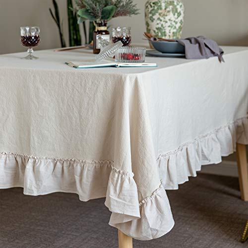 GLORY SEASON Retro Farmhouse Ruffle Tablecloth Cotton Flounces Trim Washable Table Cover Tablecloths for Rectangle Table Baby Shower Kitchen Party Wedding Decor,60''x120'' - size: 60" X 120" (Rectangular)