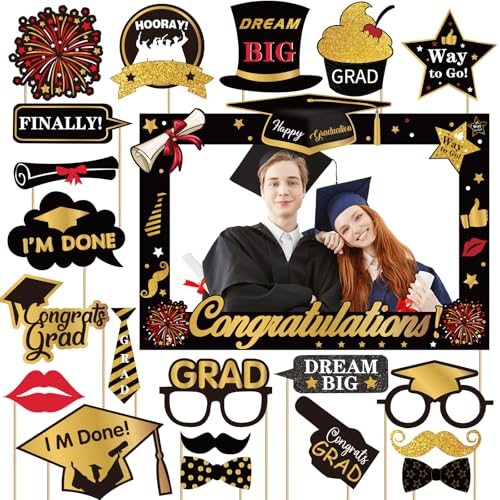 2026 Graduation Photo Booth Props, Black Gold Graduation Photo Prop Frame & Grad Photo Booth Props, Funny Grad Party Selfie Props, Selfie Photo Frame for High School and College Grad