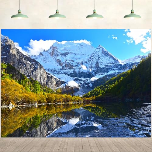 5x3ft Mountain Backdrop Natural Landscape Snow Mountain Lake Green Trees Forest Photography Background Adventure Themed Party Decorations Kids Adults Outdoor Portraits Photo Studio Props - color: Mountain-6, size: 5x3ft