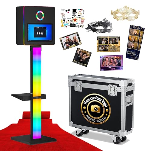 DSLR Photo Booth Built-in Mini PC and Flight Case Mirror Photo Booth with 15.6" Touch Screen RGB Lights App Control for Parties Weddings Event Rentals (Black) - color: Black