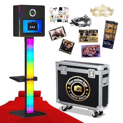 DSLR Photo Booth Built-in Mini PC and Flight Case Mirror Photo Booth with 15.6" Touch Screen RGB Lights App Control for Parties Weddings Event Rentals (Black) - color: Black