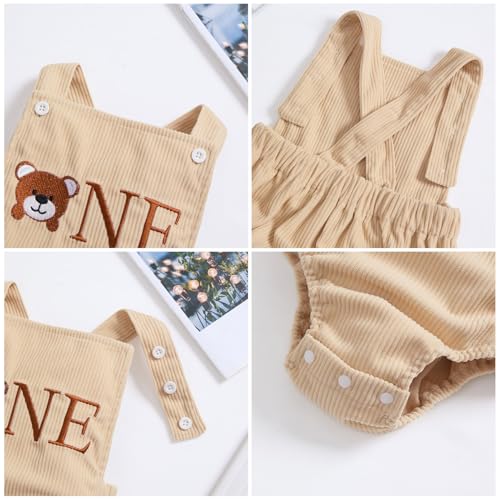 IMEKIS Baby Girls Boys Boho 1st Birthday Outfit Backless Overalls Romper for Cake Smash Photo Shoot - color: Khaki Bear One, size: 12-18 Months