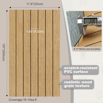 Peel and Stick PVC Slat Wall Panel Light Brown Wood Slat Foam Paneling Self-Adhesive Soundproof Wood Grain Wallpaper Vinyl Roll for Living Room TV Background Interior Wall Decor 11.8"x197"