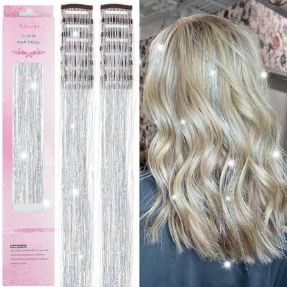Hair Tinsel Clip in 12 Pcs Glitter Tinsel Hair Extensions 20 Inch Fairy Hair Clip in Hair Tinsel Heat Resistant Sparkly Silver Hair Accessories for Girls Women Kids (Silver) - color: Silver