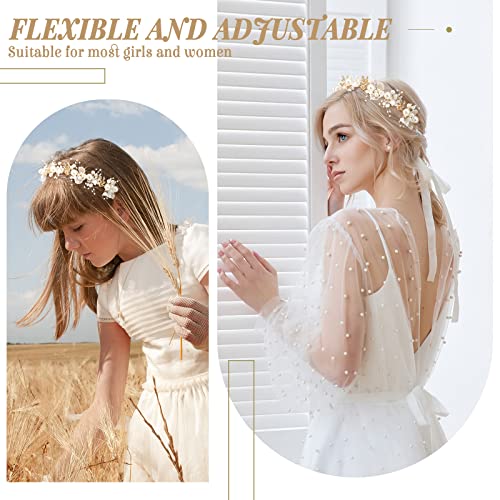 Retrowavy 2 Pcs Flower Girl Headpiece, Flower Girl Hair Accessories Rhinestone Crystal Princess Pearl Headband Bridal Hair Headband for Wedding First Communion(Gold) - color: Gold
