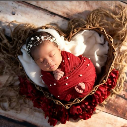 Baby Photo Shoot Props for Newborn Infant|Newborn Photography Wrap Pearl Raw Edge Swaddling Blanket & Headband Set (Red) - color: Red