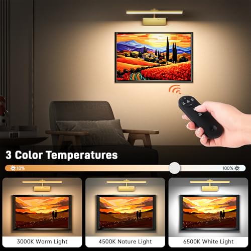 Picture Light, 15.35inch Wireless Picture Lights for Wall Rechargeable, 5400mAh Battery Wall Light with Remote, 3 Color Art Lighting for Paintings with Timer and Dimmable for Display, Gallery (Gold) - color: Gold, size: 15.35inch-1pack