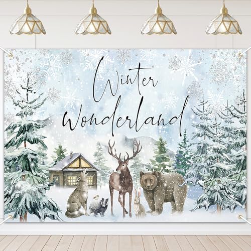 Mocsicka Winter Wonderland Backdrop Banner Reindeer Forest Winter Wonderland Baby Shower Holiday Party Decorations Photo Booth Props (7x5ft) - size: 7x5ft
