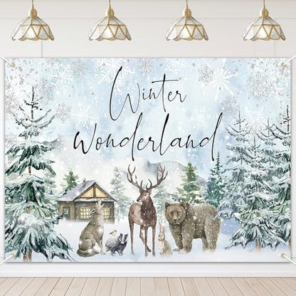 Mocsicka Winter Wonderland Backdrop Banner Reindeer Forest Winter Wonderland Baby Shower Holiday Party Decorations Photo Booth Props (8x6ft) - size: 8x6ft