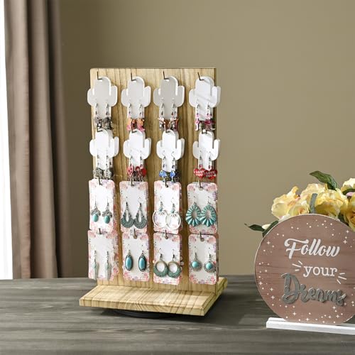 Ikee Design Wooden Rotating Two-Sided Jewelry Display Stand, Rotating Organizer with 32 Long Hooks for Store, Keychain Earring Display, Oak Color, 9.1W x 7.5 D x 17.1 H in - color: Oak, 1 Piece, Long Hook