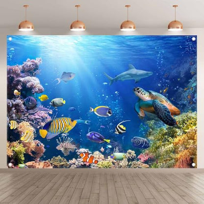7x5ft Under The Sea Photography Backdrop Ocean Underwater World Background Aquarium Coral Baby Shower Decorations Birthday Party Photo Banner - size: 7'x5'