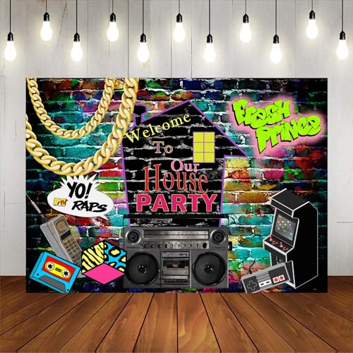 Mocsicka Hip Hop 90s Backdrop House Party Decorations 8x6ft 80s 90s Graffiti Wall Retro Radio Roller Skates Background Music Rock Punk Party Banner Decorations Studio Props - size: 8x6ft