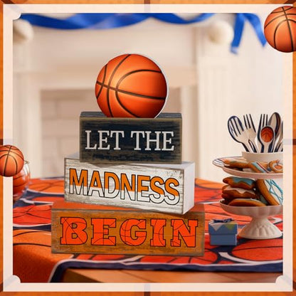 Yuntau 4 Pcs Basketball Table Decorations 2026 Sport Tiered Tray Decor Ball Wooden Sign Blocks Basketball Room Decor Farmhouse Centerpieces for Home Shelf Locker Bedroom Senior Night Party Gifts - style: Basketball