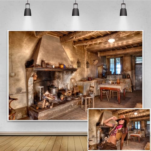 Renaiss 9x6ft Shabby Kitchen Backdrop for Photography Farmhouse Interior Fireplace Cook Dining Table Photoshoot Background Rustic Theme Party Kids Adults Farmers Cowboys Portrait Photo Studio Props - color: Brown-2, size: 9x6ft