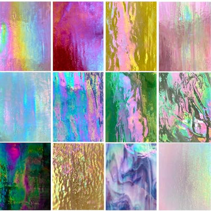 12 Sheets High Shine Iridescent Stained Glass Sheet Variety Pack, 4 x 6-inch Iridized Art Glass Mosaic Tiles for Crafts, Stained Glass Supplies for Glass Projects and Mosaic Work - color: Iridescent Mixed