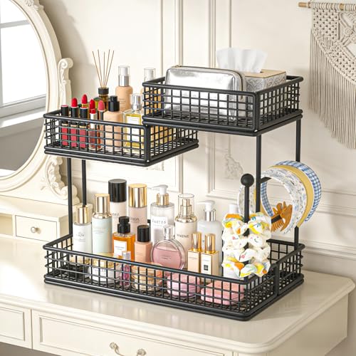 BCWW 3 Tiers Makeup Organizer Countertop Multi Bathroom Counter Organizer Metal Fruit Basket Perfume Skincare Organizers Holder for Vanities, Cabinet, Cosmetic, Dresser Organizer (Square(Black)) - color: Square(Black)