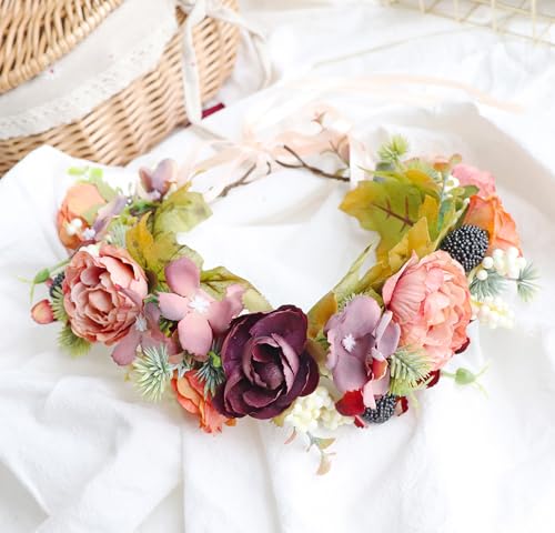 Flower Crown Wedding Flower Headband Floral Headpiece Halo Floral Crown Bridal Party Cosplay Halloween Photos - color: orange