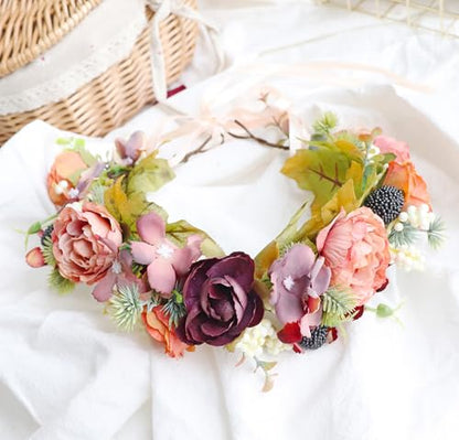 Flower Crown Wedding Flower Headband Floral Headpiece Halo Floral Crown Bridal Party Cosplay Halloween Photos - color: orange