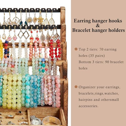 Pinzoveco Bracelet Holder, 3 Tier Rustic Bracelet Holder Display with 2 Tier Earring Organizer, 5 Tier Wooden Jewelry Display for Vendors, Home and Store