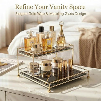 Makeup Organizer Shelf, 2-Tier Cosmetic Storage Basket with Glass Tray, Wire Vanity Organizer Rack for Bathroom, Countertop, Dresser and More, Medium Size