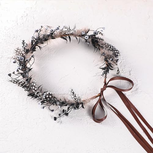 Black Flower Crown Headband - Elf Floral Headpiece Flower Girl Hair Accessory Pregnant Women Birthday Wedding Party Photo Props - color: Feather-Black