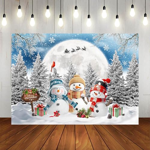 Christmas Snowman Backdrop 8x6ft Merry Christmas Snowy Forest Photography Background Party Decorations Winter Wonderland Xmas Moon Banner Photo Booth Props - size: 8x6ft