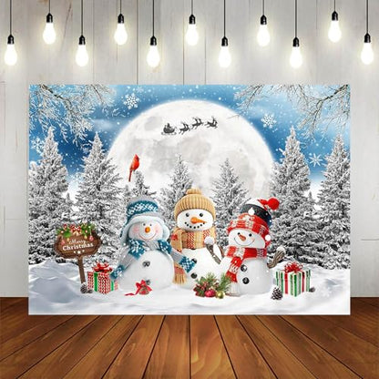 Christmas Snowman Backdrop 8x6ft Merry Christmas Snowy Forest Photography Background Party Decorations Winter Wonderland Xmas Moon Banner Photo Booth Props - size: 8x6ft