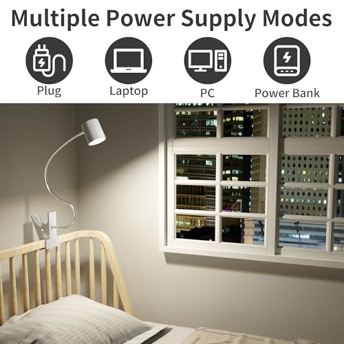Dott Arts Desk Lamp,USB Clip On Light with 3 Color Modes,LED 10 Levels Brightness Reading Lamp, 360°Gooseneck Book Light,Eye-Care Reading Light for Home Office,Headboards White - color: White