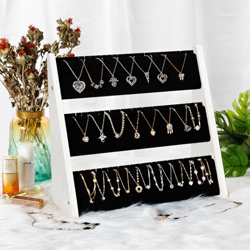 Necklace Organizer, 3-Tier Necklace Holder Jewelry Organizer Stand with Velvet, Wood Necklace Jewelry Display Stand, Necklace Display Stands for Selling 72 Necklaces Bracelets (White) - color: Black and White, size: 1 Pack