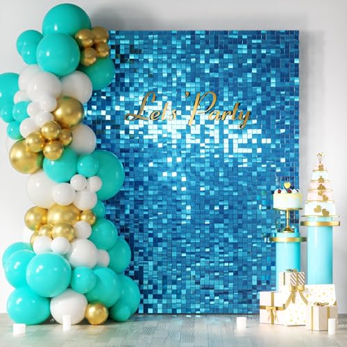 COKAOBE Turquoise Blue Shimmer Wall Backdrop, 24PCS Square Sequin Shimmer Backdrop Panel, Photo Backdrops for Birthday, Anniversary, Wedding, Graduation & Bachelorette Party Decoration - color: Turquoise Blue, size: 24pcs (6x4ft)