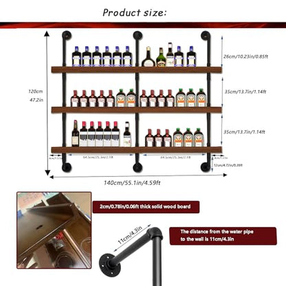 55.1in Large Wine Rack with LED Light Solid Wood Wall Mounted Wine Rack, 3-Tiers Liquor Bottles Floating Shelves Display Storage Organizer for Home Bar & Dining Room (140cm/55.1in) - size: 55.1 inches