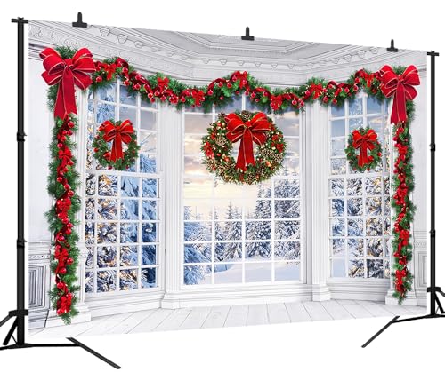 10x8Ft Christmas Window Backdrop for Photography Holy Garland String Lights Santa Claus Background Winter Snow Scene Merry Christmas Photo Backdrop Studio Props Banner - size: 10X8Ft