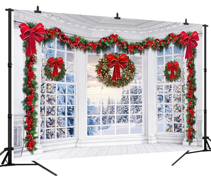 10x8Ft Christmas Window Backdrop for Photography Holy Garland String Lights Santa Claus Background Winter Snow Scene Merry Christmas Photo Backdrop Studio Props Banner - size: 10X8Ft